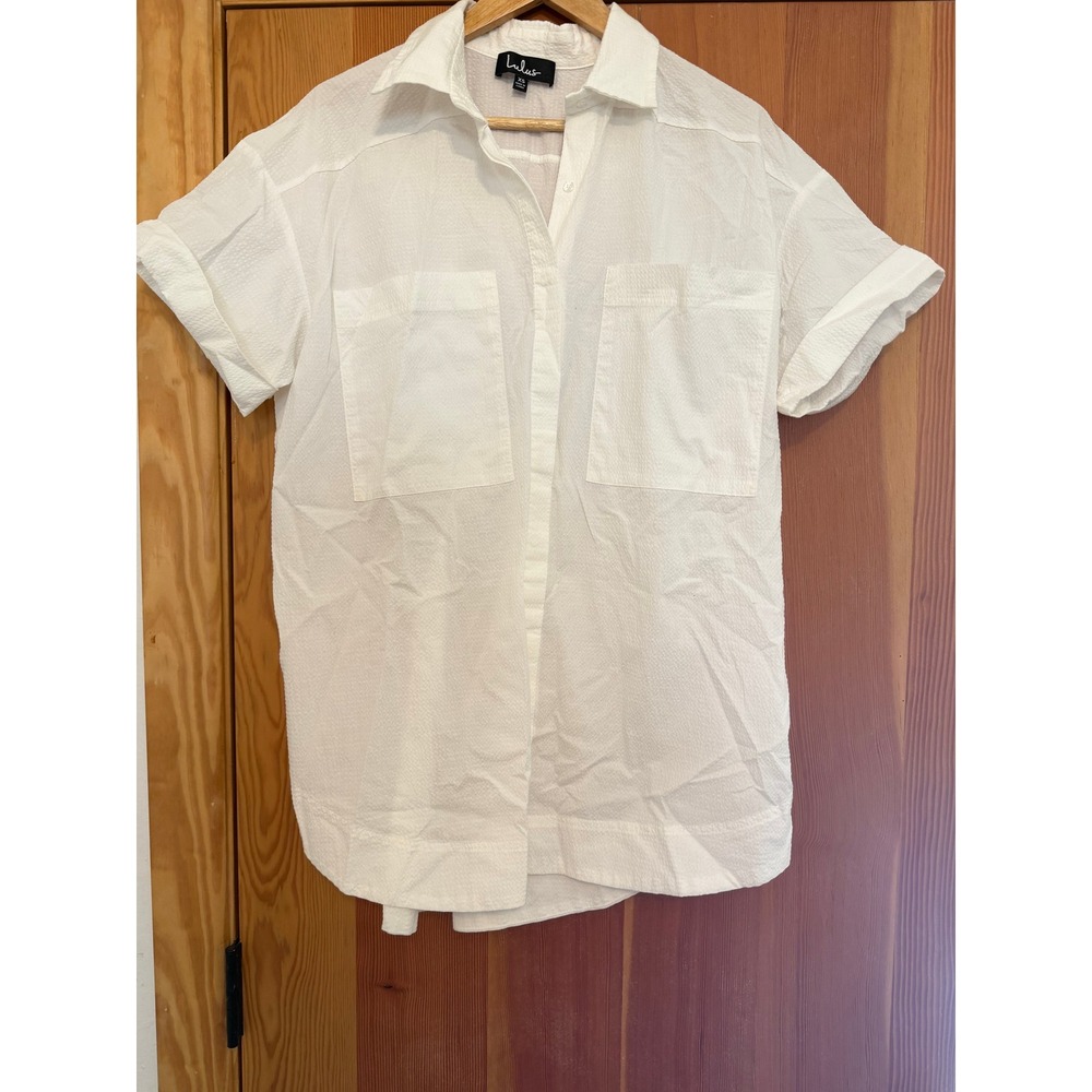 Lulus White Seersucker Short Sleeve Button Up Smocked Back Tunic/Dress XS